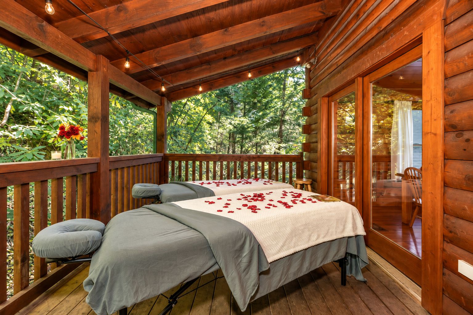 Une terrasse en bois avec un lit et une petite table, entourée d’une rambarde en bois et d’une porte vitrée donnant sur un espace intérieur.