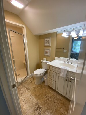 Bañera con ducha, secador de pelo, toallas