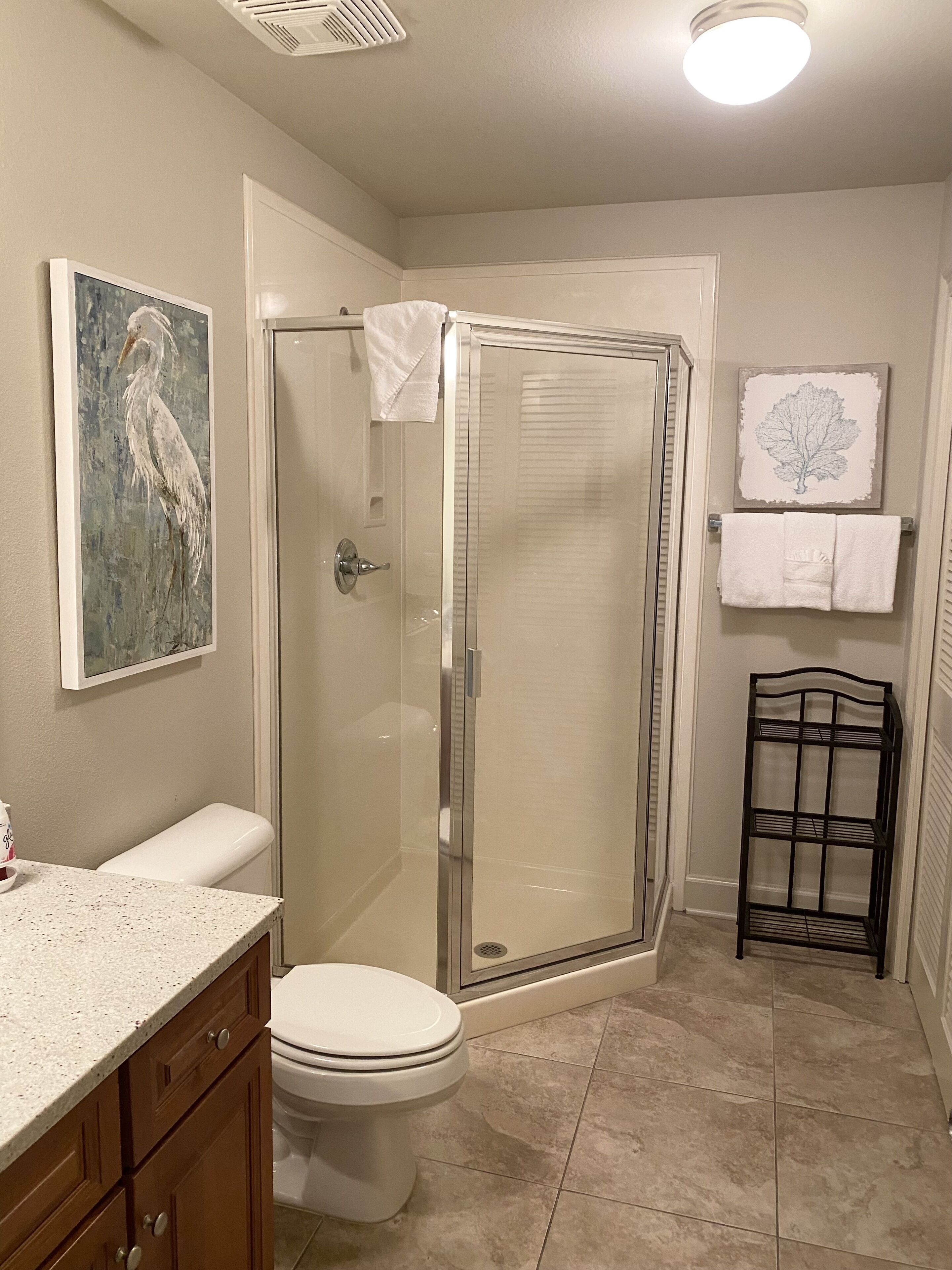A bathroom with a glass shower enclosure, a toilet, a sink with a granite countertop, and a framed picture on the wall.