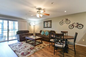 TV, fireplace, books, offices