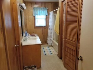 Combined shower/tub, hair dryer, towels