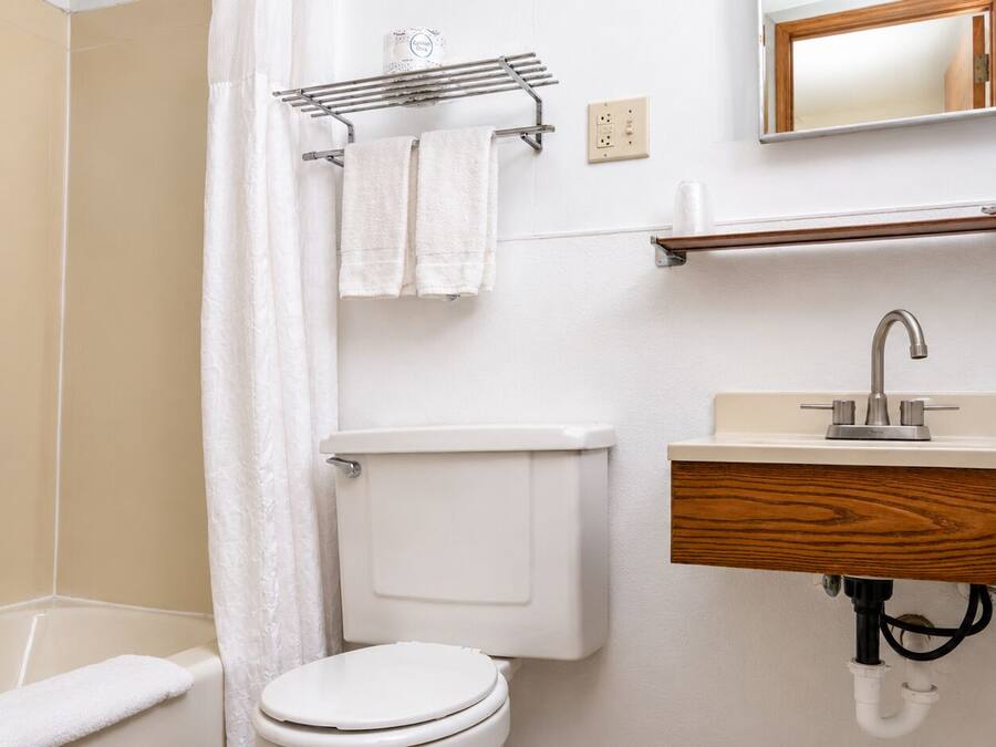 Baño con inodoro, lavabo y cortina de ducha.