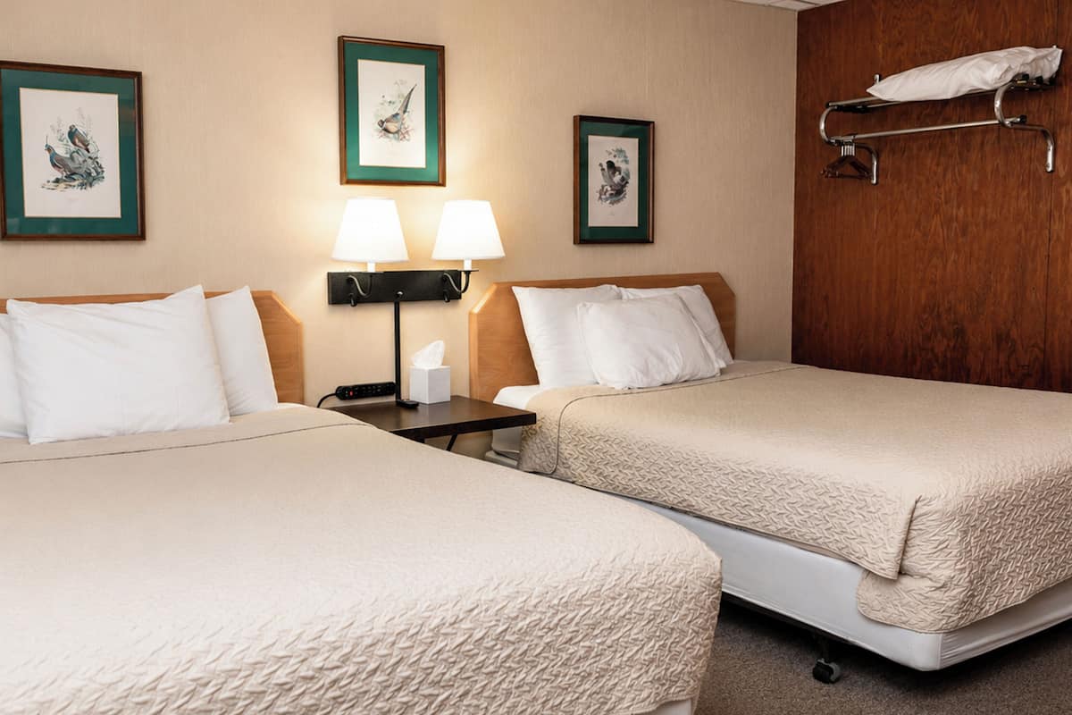 Ein Hotelzimmer mit zwei Betten, einem Nachttisch mit Lampen, gerahmten Kunstwerken an der Wand und einer Wandverkleidung aus Holz.