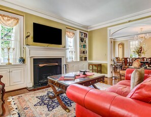 TV, fireplace, books