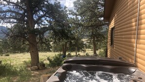 A hot tub with a view of a grassy field and trees, next to a building with wooden siding. - Perfect Mountain Home II with HOT TUB overlooking Mary's Lake/Near RMNP entrance (Estes Park)