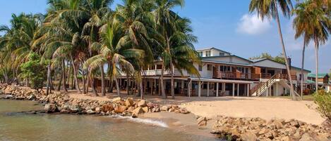 A beachfront property with a large house, palm trees, and a rocky shoreline.