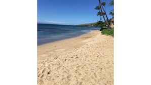 A sandy beach with palm trees and a clear blue sky.
