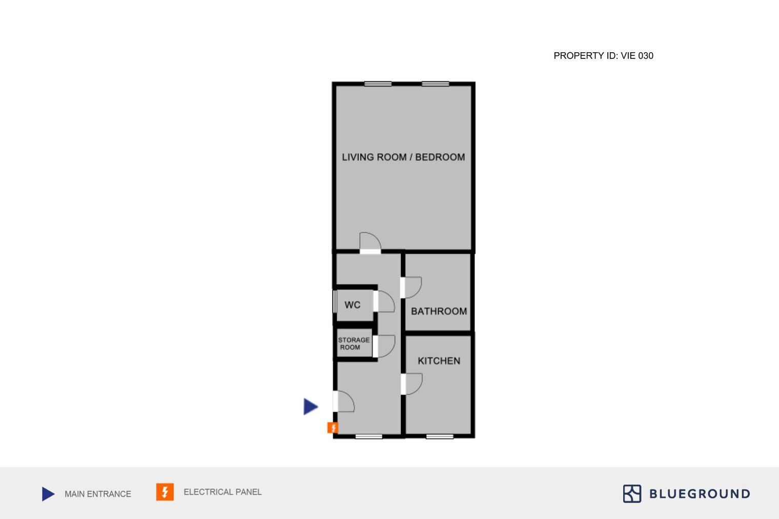 Un plan d’étage d’un logement comprenant un salon/chambre, une salle de bain, une cuisine, un débarras et des toilettes.