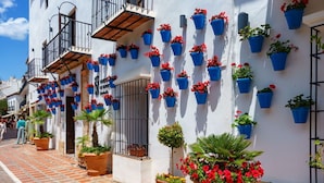 Un edificio blanco con macetas colgantes azules y plantas en macetas en la planta baja.