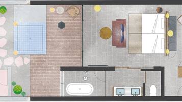A floor plan of a hotel room with a bathroom, a small seating area, and a pool.