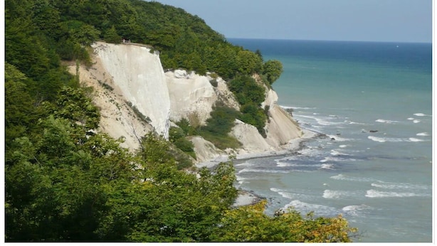 Un paisaje costero con acantilados y una playa.