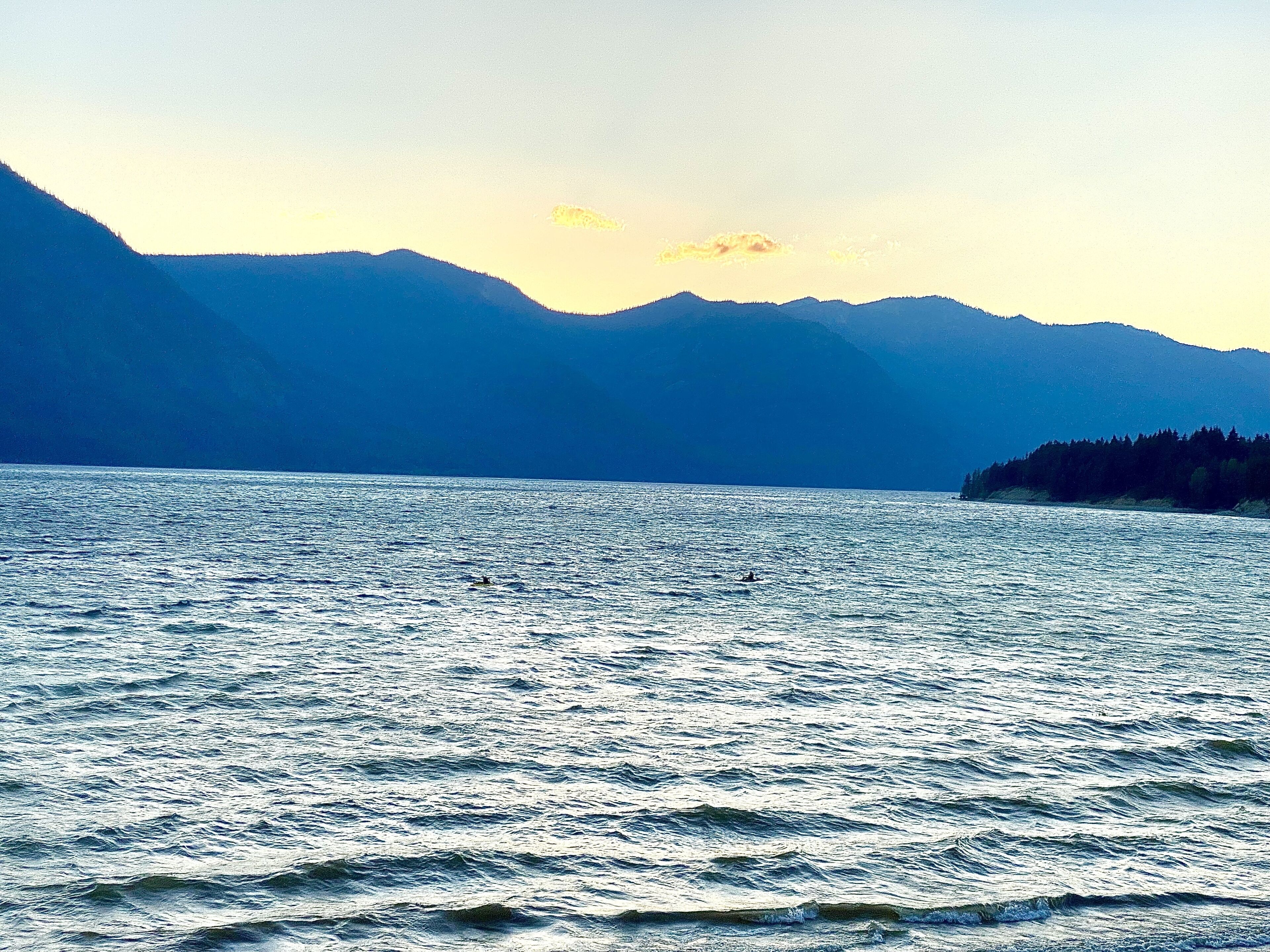 A lake with mountains in the background and a forested island on the right.