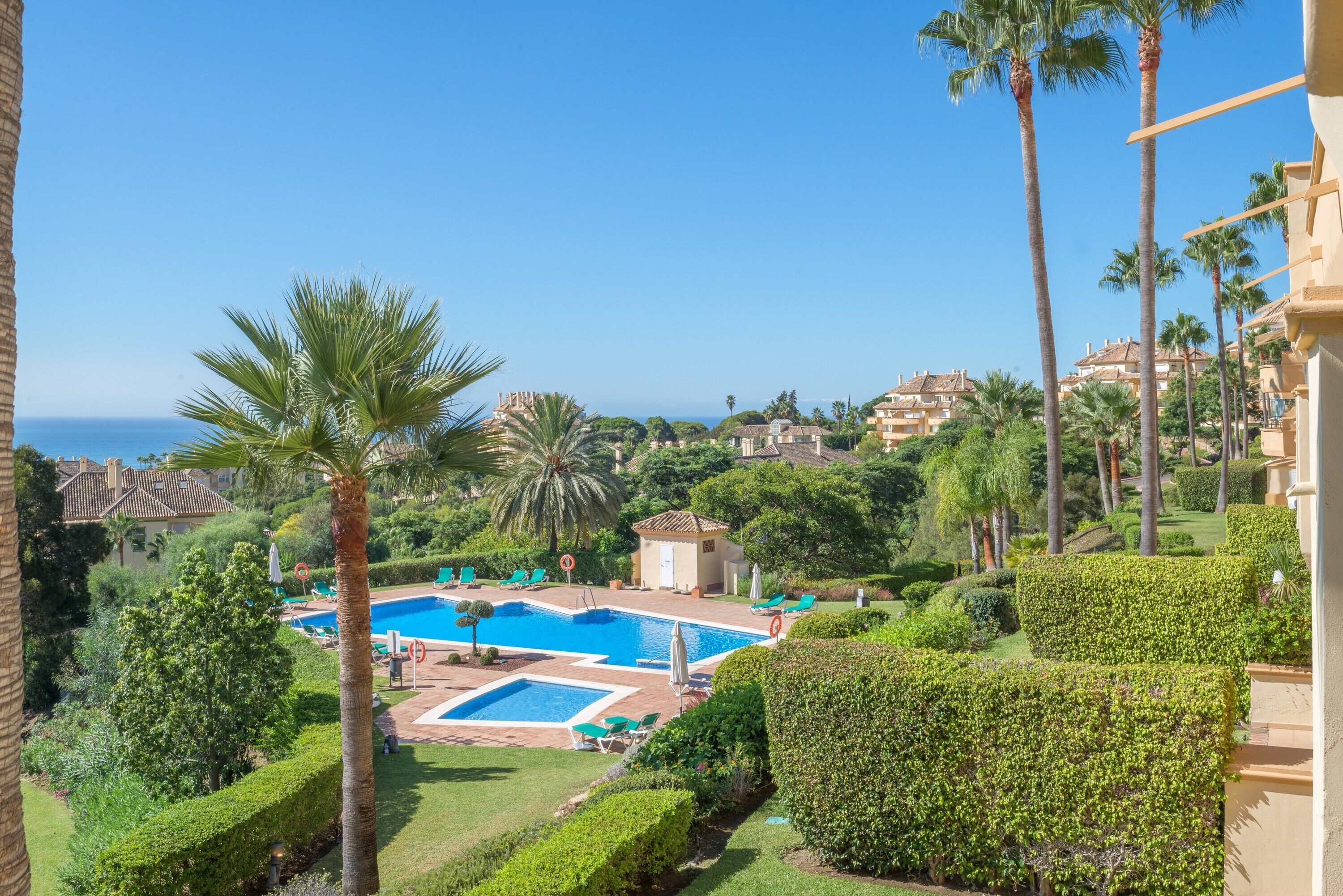 A resort with a swimming pool, palm trees, and a view of the sea.
