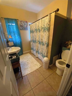 Bathtub, towels, soap, toilet paper