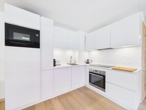 Fridge, microwave, dishwasher