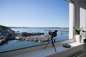 A telescope on a window sill, a potted plant, and a view of a harbor with boats and buildings.