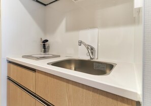 Kühlschrank, Mikrowelle, Herdplatte, Kochgeschirr/Geschirr/Besteck