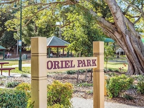 A sign for 'ORIEL PARK' with a gazebo in the background. - Art Deco in Ascot! ~ 2 Bed / 1 Bath / 1 Car (Ascot)