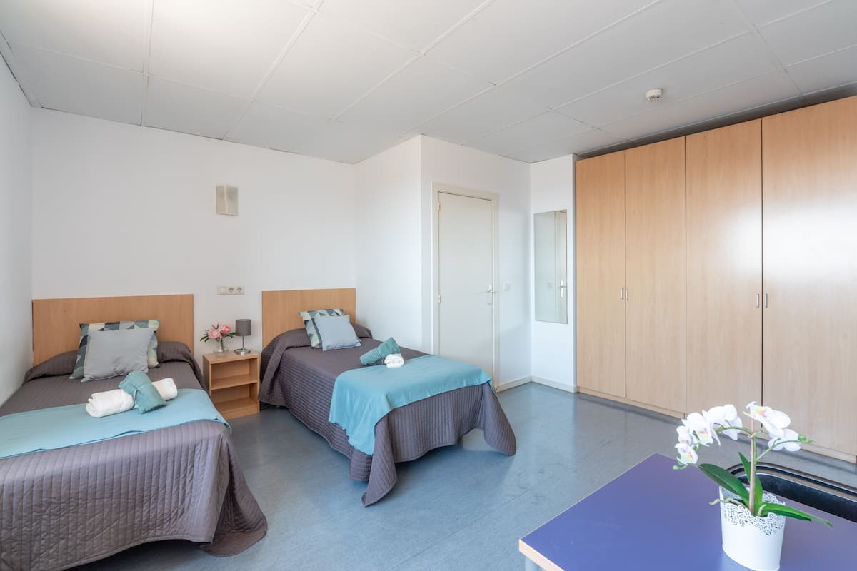 Hotellihuone, jossa on kaksi sänkyä, vaatekaappi, työpöytä ja ruukkuorkidea.