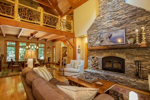 Televisión, chimenea y libros 