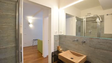 Shower, hair dryer, bidet, towels