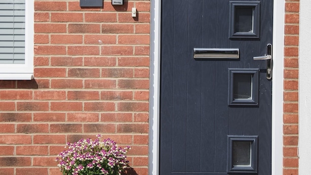 A dark grey door with a number plate '26a' and a potted plant with pink flowers beside it.