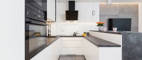 Frigorífico, microondas, horno y placa de cocina