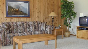 Una sala de estar con un sofá estampado, una mesa de centro de madera, una lámpara, un televisor sobre un mueble de madera y un cuadro en la pared.