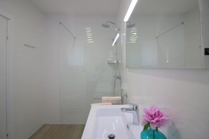 Shower, towels, soap, toilet paper