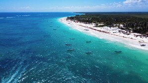 An aerial view of a beach with clear turquoise waters, a sandy shore, and a line of palm trees. - Layla Tulum - Adults Only (Tulum)