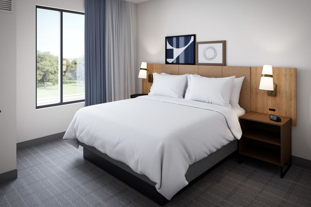 A hotel room with a large bed, two bedside tables with lamps, a window with a view of trees, and two framed pictures on the wall.