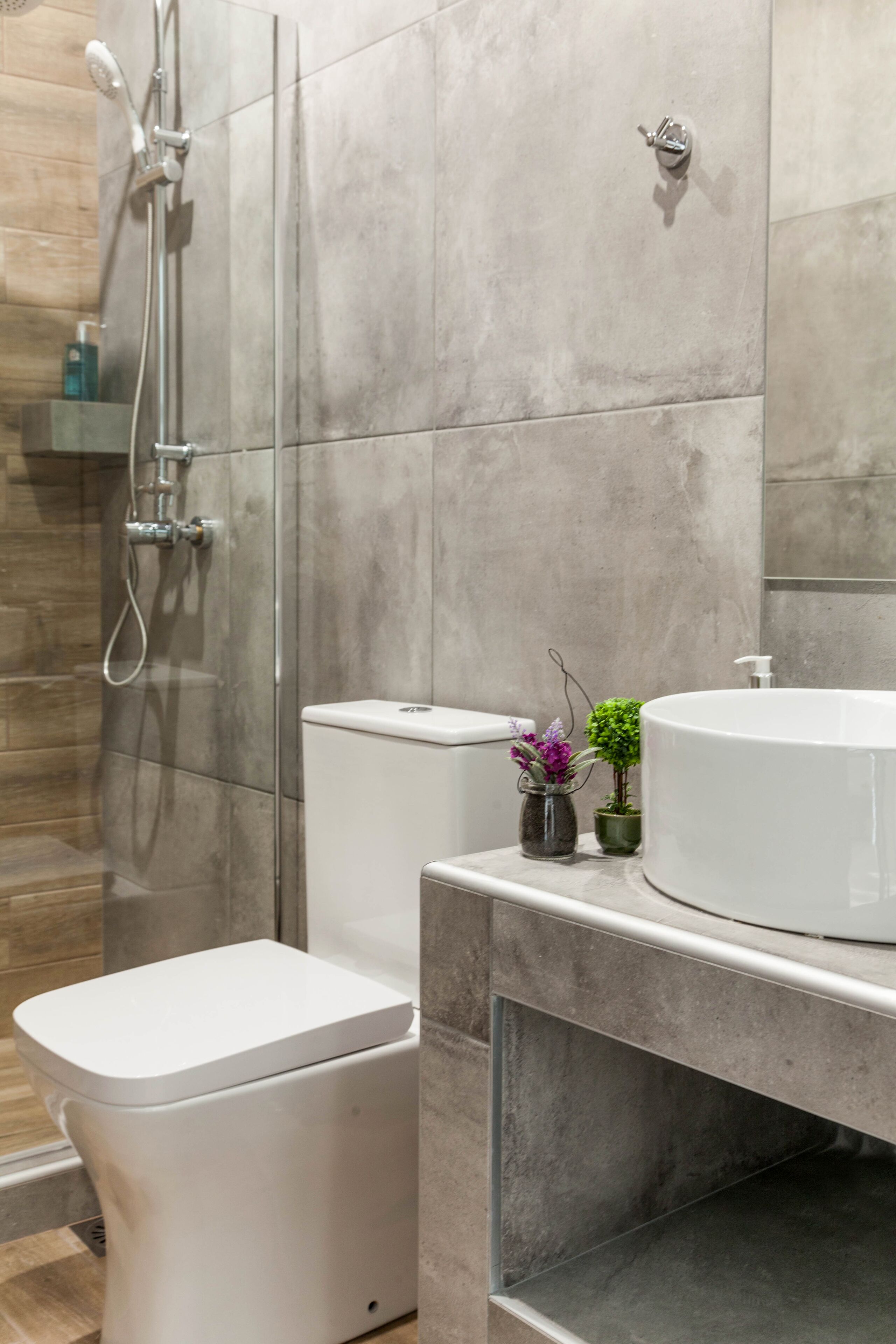Ein modernes Badezimmer mit Toilette, Bidet und Dusche. Auf dem Waschtisch befinden sich zwei kleine Topfpflanzen.
