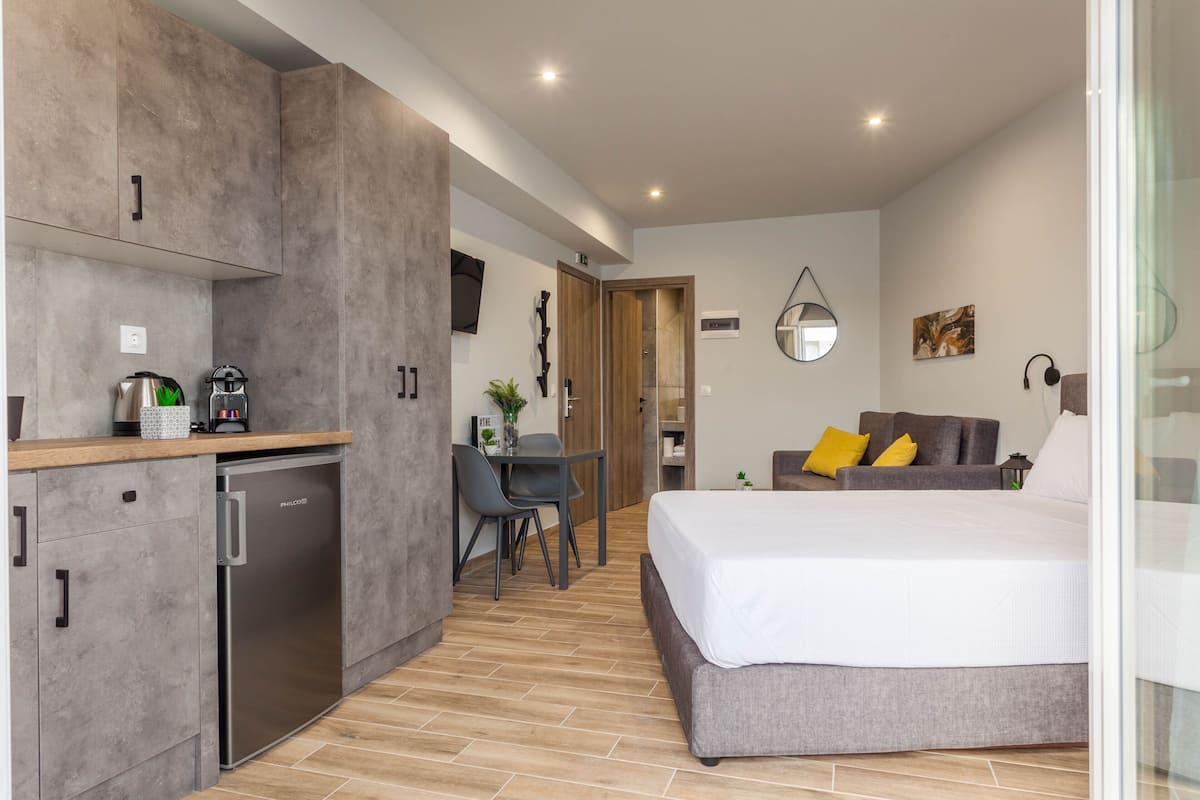 Une chambre moderne équipée d’un coin cuisine, d’un lit et d’un espace salon.