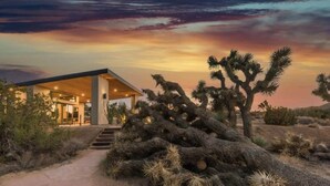 A modern building with a covered outdoor area, surrounded by desert vegetation. - Skyline Ridge By Homestead Modern (Yucca Valley)