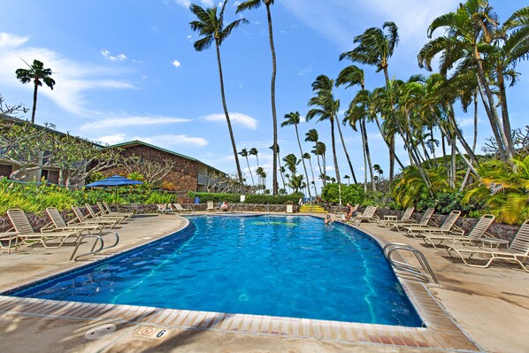 A swimming pool with lounge chairs and palm trees. - Napili Bay beauty, a cozy oceanfront studio (Lahaina)