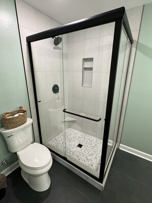 Douche, serviettes fournies, papier toilette