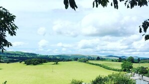 Un paisaje rural con un campo cubierto de hierba, árboles y un pequeño edificio de techo inclinado.