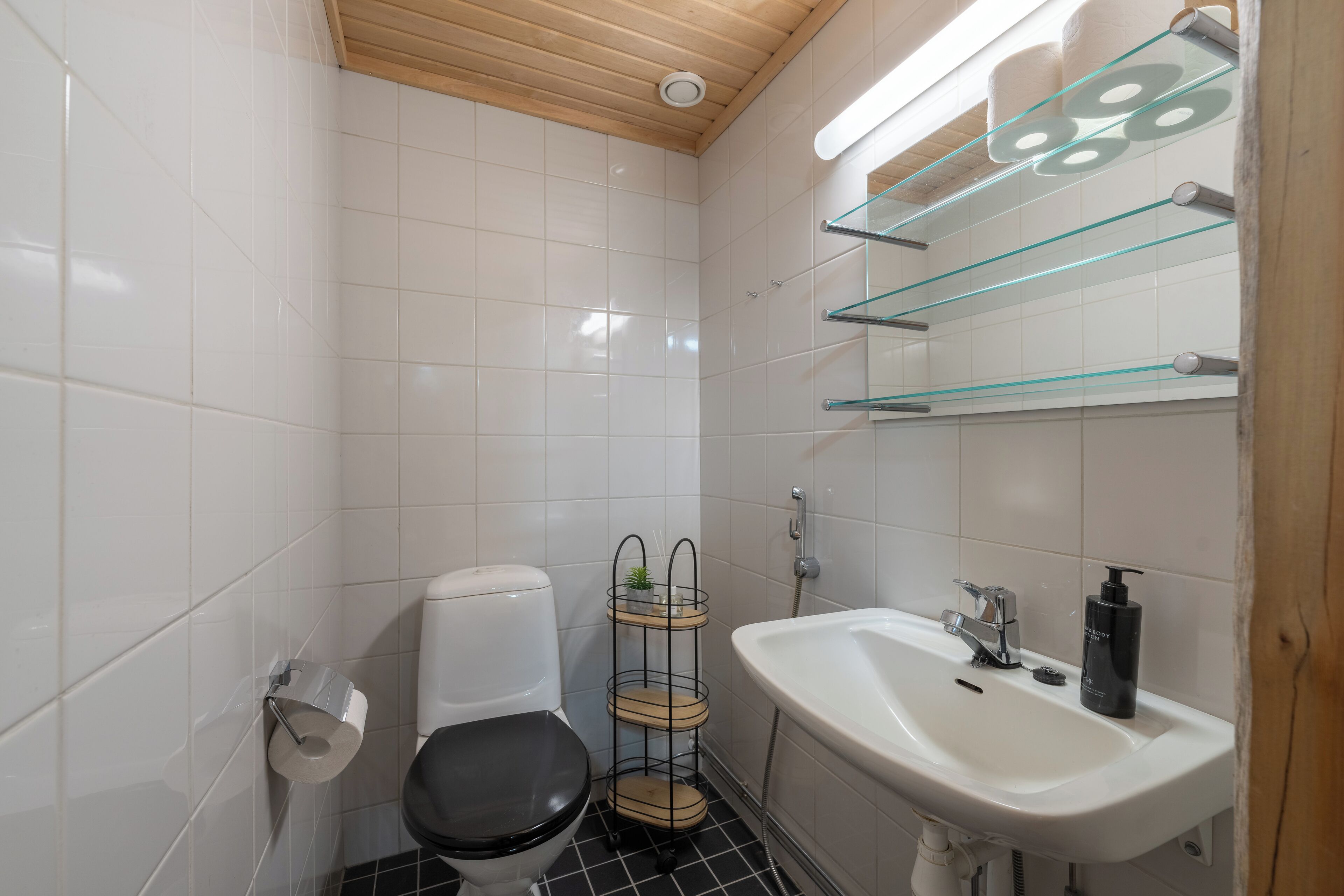 A bathroom with a toilet, sink, and glass shelves.