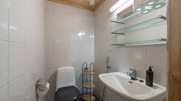 A bathroom with a toilet, sink, and glass shelves.
