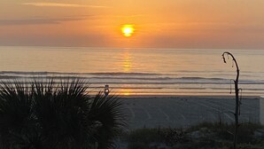 Atardecer sobre una playa con palmeras al frente.