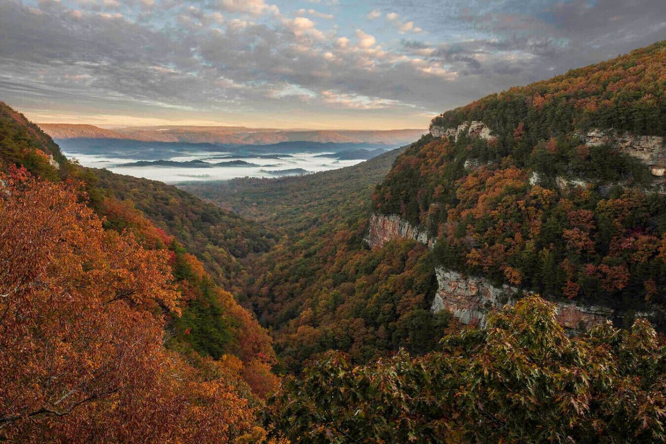 A mountainous landscape with autumn foliage and a valley.