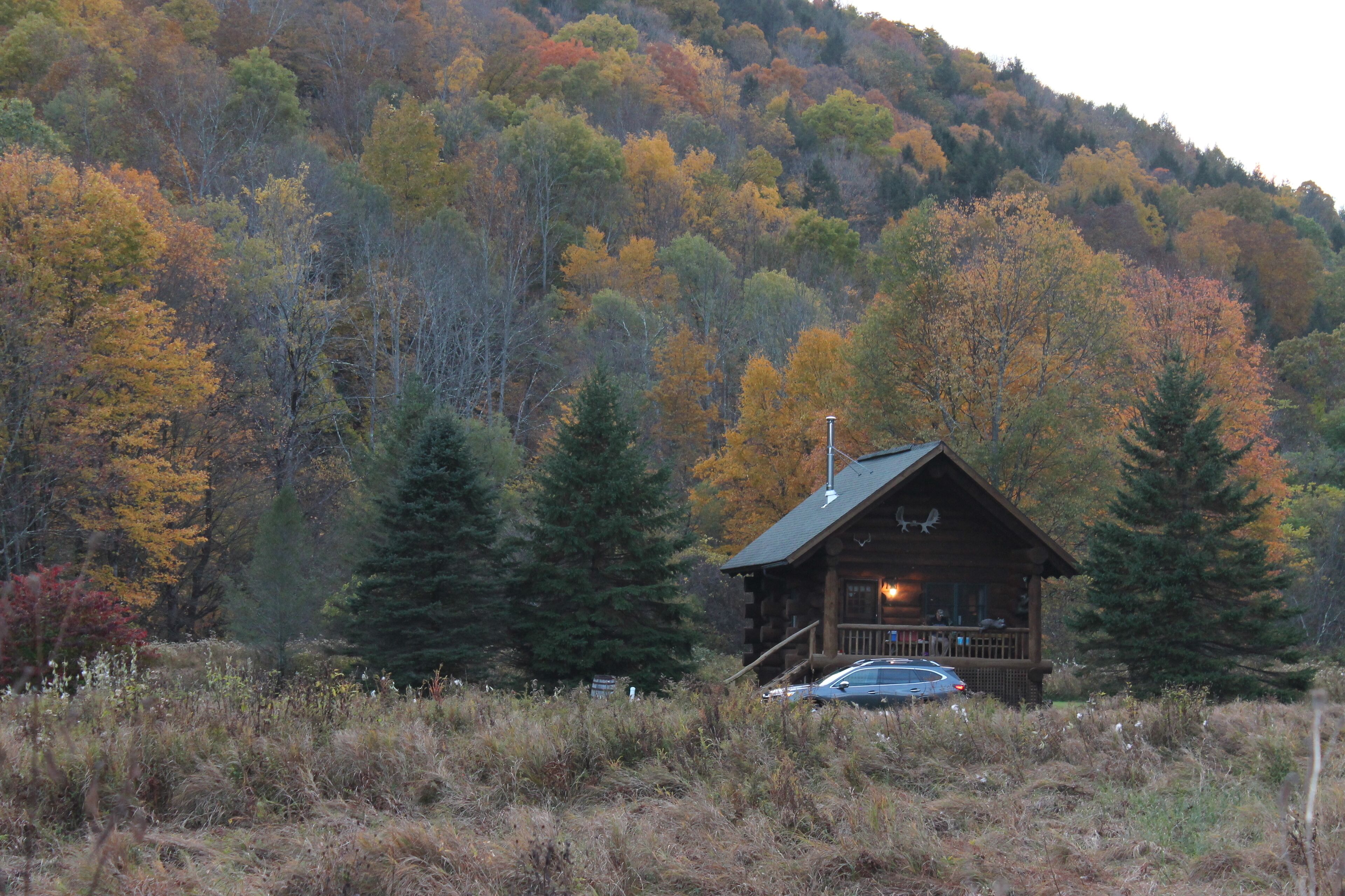 Un chalet rustique doté d’un porche, entouré d’une forêt aux couleurs automnales.