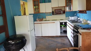 A compact kitchen with white cabinets, a black grill, and a sink. - Blue Mountains Jamaican Vacation (St Peters)