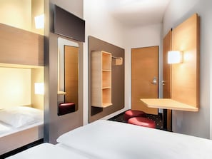 Hypo-allergenic bedding, desk, blackout drapes, soundproofing