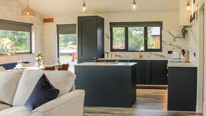 A modern kitchen with dark cabinetry, a central island, and a dining area with a sofa and table. - Meadow View (Meifod)