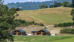 Two modern cabins with large windows and a flat roof, situated on a grassy hill with a forested background. - Meadow View (Meifod)