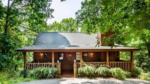 A rustic cabin with a wooden porch, a chimney, and a small front door.