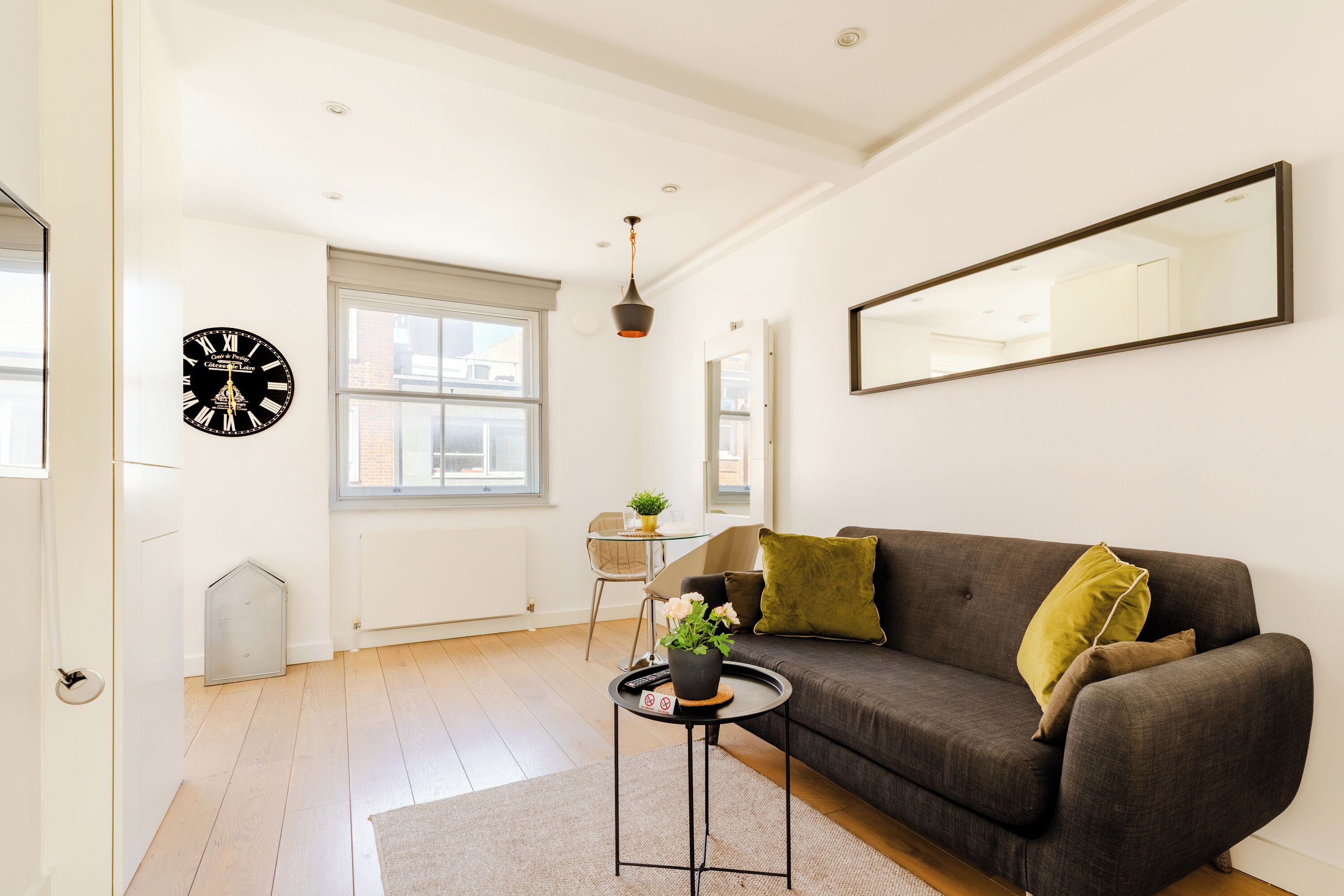 A living room with a sofa, a coffee table with a plant, a wall clock, and a large mirror.