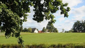 Paisagem rural com uma casa, um lago e um campo gramado.