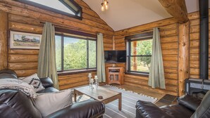 Interior de una cabaña de troncos con un sofá de cuero, una mesa de centro de madera, una televisión y una chimenea.